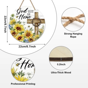Rustikales God Bless Our Home Holzschild mit Sonnenblumen- und Kreuz-Motiv