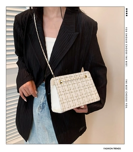 Detail of cream white tweed crossbody bag with gold chain strap and metallic lock clasp