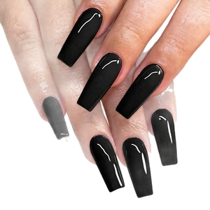 Glossy black long coffin press-on nails set with a stylish high-shine polished finish