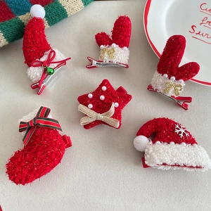 Christmas Hair Clips Plush Santa Hat Antler Star Gloves Handmade Holiday Hair Accessories For Girls Women