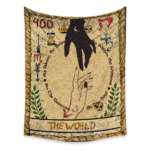 Detail of The World tarot tapestry showing hand motifs and mystical alchemy symbols