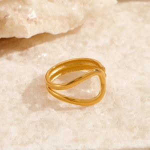 Minimalist 18K gold plated stainless steel open ring with double layer wave design
