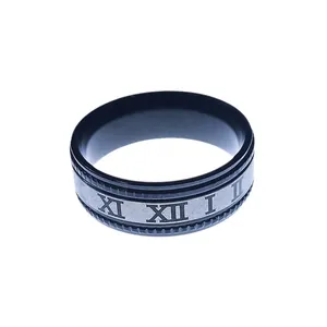 Men's black stainless steel ring featuring silver brushed band with roman numerals