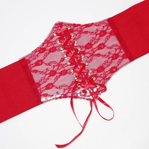 Red lace elastic corset belt with floral patterns and satin ribbon lace-up closure