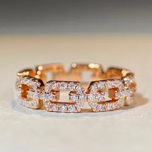 925 Sterling Silver Ring Chain Link Geometric Design Pave Cubic Zirconia Fashion Jewelry Elegant Gift For Women