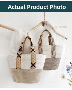 Detail of woven tote bags with colorful embroidered straps on rustic wooden stands