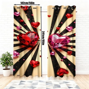 Detail view of 56x95 inch velvet curtains with 3D heart pattern and gold sunburst lines