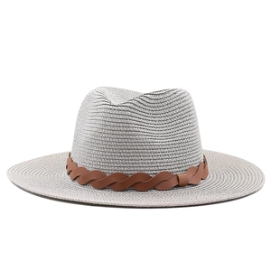Classic light gray straw cowboy hat with brown leather band for outdoor sun protection