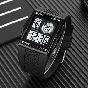 Digital sport watch with rectangular face, black silicone strap and 30M water resistance