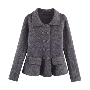 Classic dark grey double-breasted knit cardigan with lapel and pockets on white background