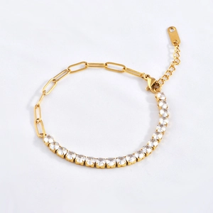 Fashion Stainless Steel Bracelet For Women With Square Zircon And Paperclip Chain Gold Plated Adjustable Jewelry Elegant