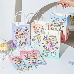 Detail of cartoon animal kraft paper gift bags with handles and lucky life greetings