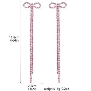 Detailed dimensions of bow knot long tassel earrings with pink rhinestones and size labels