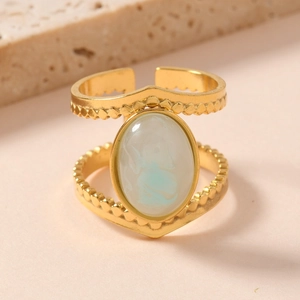 Vintage stainless steel open ring with dual-line design and oval blue natural stone