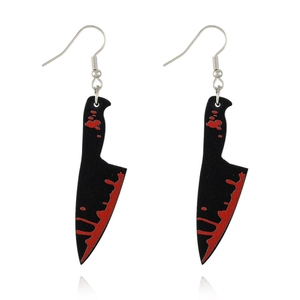 Halloween bloody cleaver earrings with black acrylic blade and red blood splatter detail