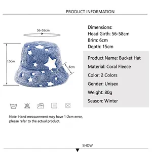 Winter plush bucket hat with star pattern featuring size guide and washing instructions