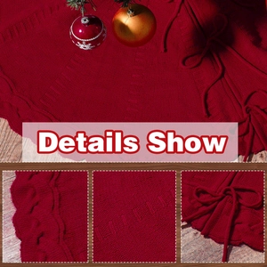 Red knitted Christmas tree skirt with ruffled edges and tie design for holiday decor