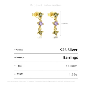 Detail view of S925 sterling silver drop earrings with multi-color cubic zirconia accents
