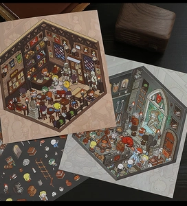 Macro view of pixel art adventure stickers featuring dungeon and tavern scenes