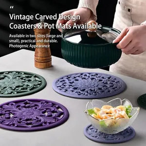 Retro floral hollow heat-resistant silicone table mat for pots and dishes in dark green