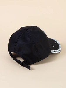 Black baseball cap with rhinestone brim detail and adjustable metal strap back view