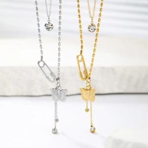 Gold and silver double layer butterfly pendant necklaces with zircon and safety pin accent