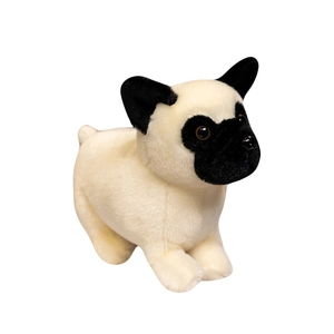 Cute pug plush dog toy in a standing pose with black face and cream fur on white background