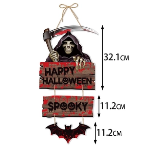 Three-tier Halloween door hanger with Grim Reaper, bats and Happy Halloween signage