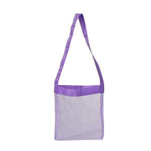 Detail of purple mesh beach bag showing breathable texture and reinforced handles