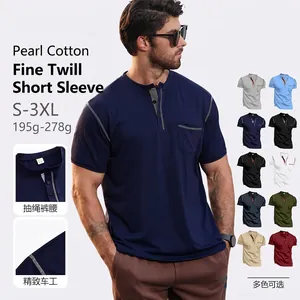 Men Short Sleeve Henley Shirt Quick Dry Slim Fit Knitted Button Neck With Pocket Contrast Stitching Summer Casual