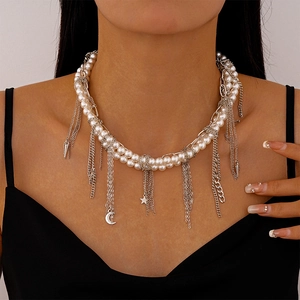 Layered Imitation Artificial Pearl Necklace Alloy Chain Tassel Star Moon Pendants Trendy Y2K Sweet Cool Accessory Women