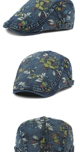 Detailed views of floral print washed denim newsboy cap with vintage metal buckle