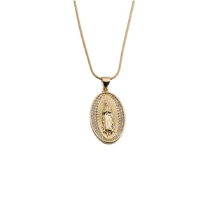 Gold oval Virgin Mary pendant necklace with small diamonds on a fine snake chain