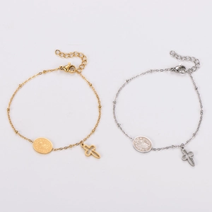 Minimalist oval holy medal and cross pendant bracelet in gold and silver finishes