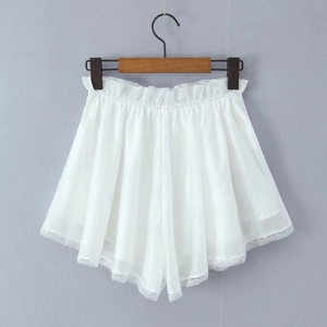 Detailed view of white lace trim on feminine chiffon shorts with elastic waistband