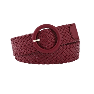 Women's burgundy woven waist belt featuring a matching candy-colored round leather buckle