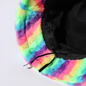 Rainbow striped faux fur bucket hat with warm plush material and adjustable inner strap
