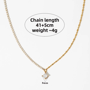 Detail of gold chain necklace showing 8mm square zircon pendant and mixed bead chain