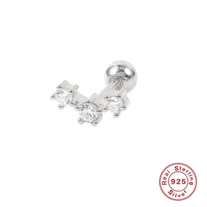 Clou d'oreille en argent sterling S925 avec trois zircons et fermoir à boule vissée