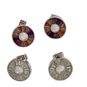 Fashionable stainless steel round earrings set with colorful and clear crystal stones