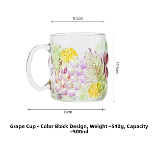 Detailed size specifications for a 500ml hand-painted grape glass mug with handle