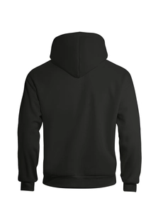 Detailed back view of a black double-layered zip-up hoodie showing street style fit