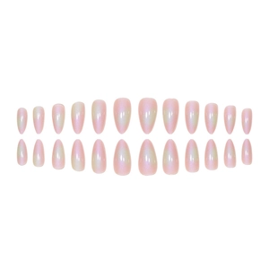 28pcs Almond Aurora Nails with pink purple iridescent pearl finish and glossy effect