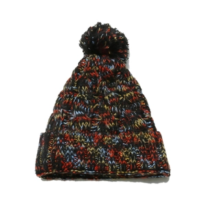 Winter fleece-lined knit pom-pom beanie with colorful mixed pattern for outdoor skiing