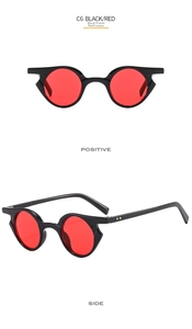 Occhiali steampunk con montatura nera e lenti rosse, vista frontale e laterale