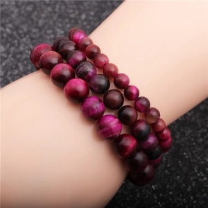 Gemstone Beaded Bracelet Rose Red Tiger Eye Stone Elastic Handmade Jewelry Gift For Women Men