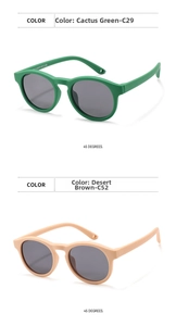 Detail of round frame kids sunglasses in cactus green and desert brown with UV lenses