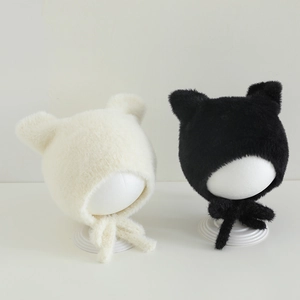 Baby Toddler Winter Plush Earflap Hat Faux Mink Fur Cute Animal Ears Warm Windproof Pullover Beanie With Straps