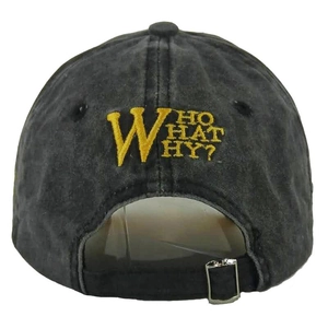 Vintage washed black baseball cap featuring yellow WHO WHAT WHY embroidery with metal buckle