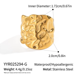 Detail view of irregular gold hammer textured ring with precise dimensions and specs
